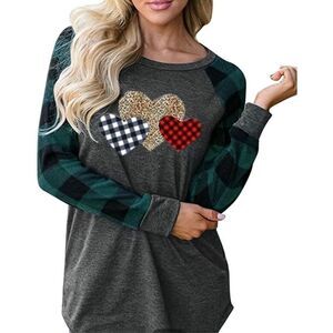 Long sleeve heart Valentine’s Day Tunic Top Buffalo plaid size XXL T-Shirt